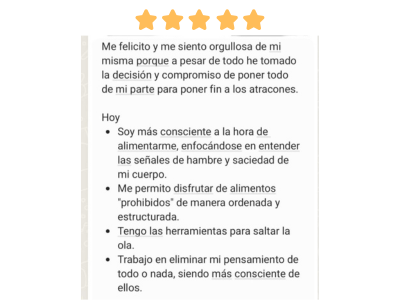 Testimonio Reto Adiós a los Atracones - Francela Jaikel Psicóloga Especialista en Trastornos Alimentarios